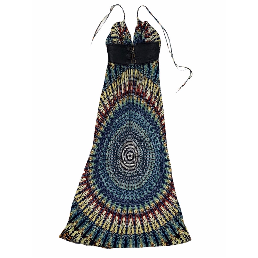Sky Silk Bohemian Leather Corset Maxi Dress Medium
